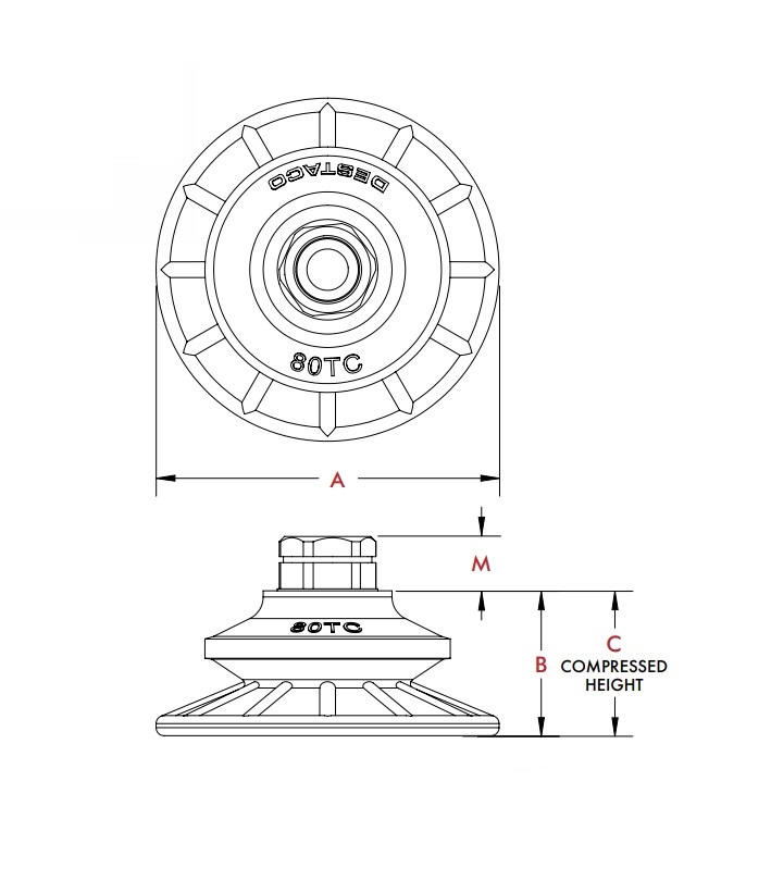 DESTACO VC-80TCT-G38-PU55 Accelerate® Polyurethane Vakuumsauger rund, Runde Faltenbalg-Sauger, Ø80, Anschluss 3/8" G Messing - DESTACO VC-TCTCT Accelerate Runde Polyurethan Vakuumsauger-Skizze