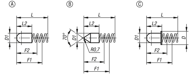 Norelem 03078-112216 FEDERHÜLSE ABGERUNDET, FORM:A OHNE BUND L=16, D1=2,2 STAHL, KOMP:EDELSTAHL - NLM 03078 Federhuelsen-Skizze