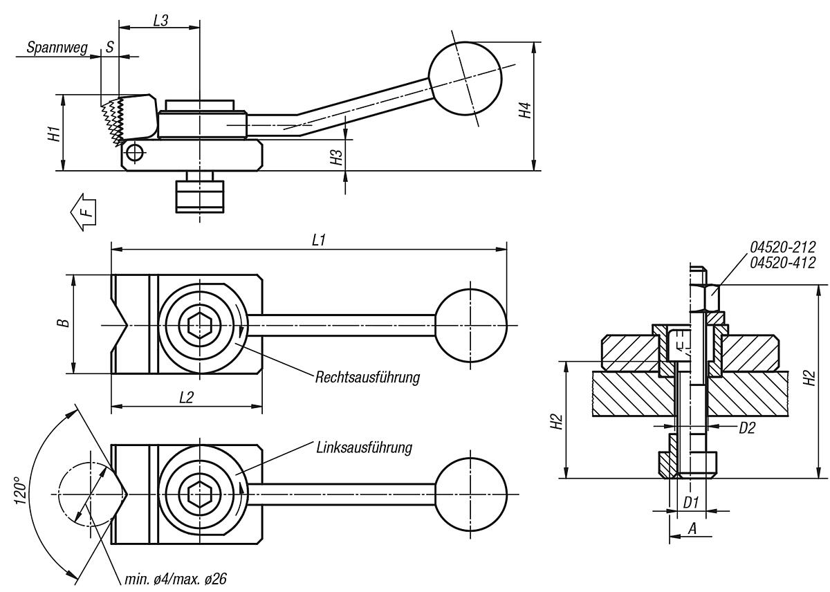 Norelem 04520-412X2 NIEDERZUGSPANNER, RECHTSAUSFÜHRUNG MIT PRISMEN SPANNBACKE - NLM 04520-PS Niederzugspanner Prismen Spannbacke - Massblatt