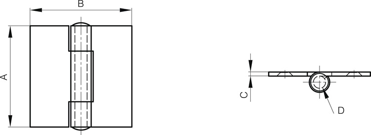 Leschhorn 50-1-3919 Quadratische Scharniere nernietet, ungebohrt mit flachem Gelenk, 70x70, C= 2,0mm, Stahl, unbehandelt - LE 50-1-38 - 39 Quadratische Scharniere verbietet - ungebohrt mit flachem Gelenk-Skizze