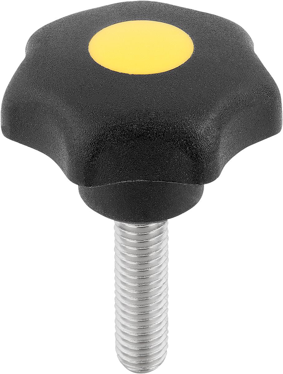 Norelem 06212-4067X20 STERNGRIFF D1=32  M6X20       EDELSTAHL, FORM L, DECKEL RAPSGELB - 06212-4067X20 STERNGRIFF D1 32  M6X20       EDELSTAHL - FORM L - DECKEL RAPSGELB