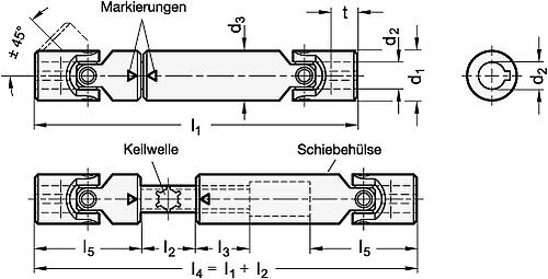 Leschhorn 09119-32-O16-340-110 ausziehbare Kreuzgelenkwellen mit Gleitlager, d1= 16, d2= 32, geschlossene Länge= 340, X= 110 mm, - GN 808-2 Kreuzgelenkwellen mit Gleitlager-Skizze