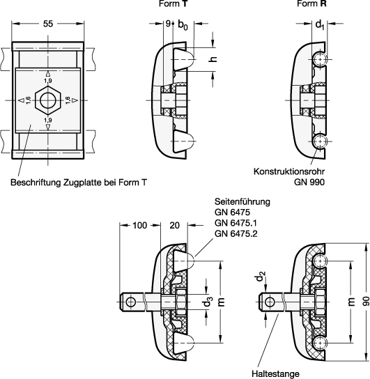 Ganter 6475.5-R-B12-D14  Seitenführungsklemmen, für Seitenführungen GN 6475 / GN 6475.1 / GN 6475.2, Kunststoff, mit Haltestange, Bohrung d1: B 12, Durchmesser d2: D 14, Form: R - Halteprofil rund - GN 6475-5 Seitenfuehrungsklemmen-fuer Seitenfuehrungen GN 6475 GN 6475-1 GN 6475-2-Massblatt
