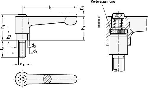 Ganter 302-22-M3-10-OS Flache verstellbare Klemmhebel, Zink Druckguss, Schraube Stahl - GN 302 Flache verstellbare Klemmhebel - Zink Druckguss - Schraube Stahl-Skizze