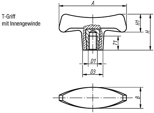 Norelem 06650-17006 T GRIFF  A=70  M6 - Norelem 06650-IG T Griffe - Innengewinde