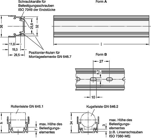 Ganter 646.3-1080-A Trägerprofile für Roll  und Kugelleisten - GN 646-3 Traegerprofile fuer Roll und Kugelleisten-Skizze