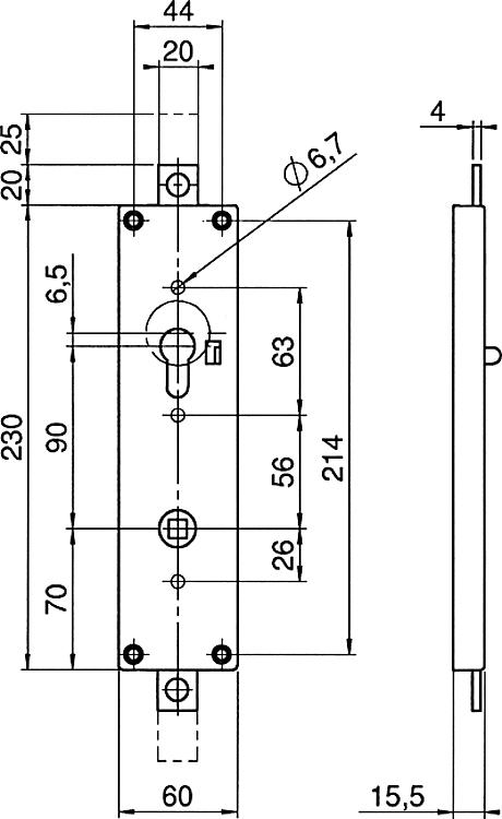 AMF 550 Garagentorschloss für Kipp- und Flügeltore, Schließung: RZ, Auslöseknopf innen: Ja, automatisch schließend: Ja - LE 550 - 551 - 552 - 554 - 558 Garagentorschloss fuer Kipp- undFluegeltore-Skizze