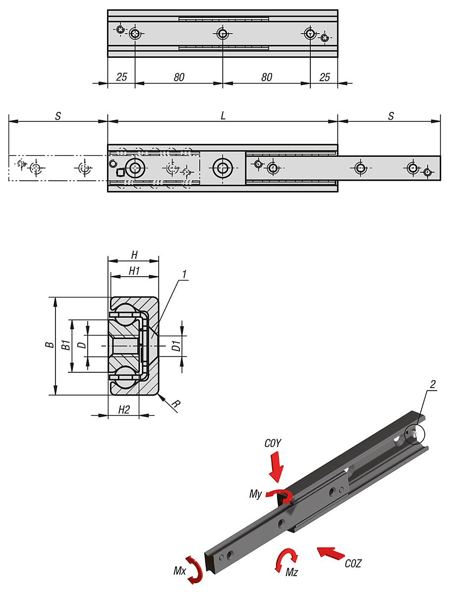 Norelem 21340-350290 TELESKOPSCHIENE, L=290 MM - LE 21340 Waelzlagerstahl Teleskopschienen  - Massblatt