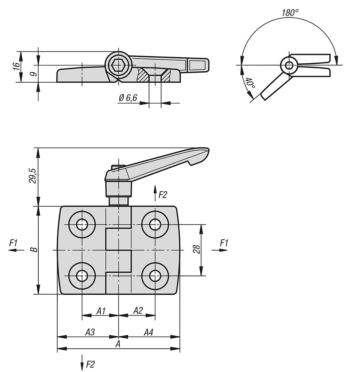 Kipp K0436.502828 SCHARNIER AUS KUNSTSTOFF, MIT KLEMMFUNKTION - K0436 Scharniere aus Kunststoff - mit Klemmfunktion - Massblatt
