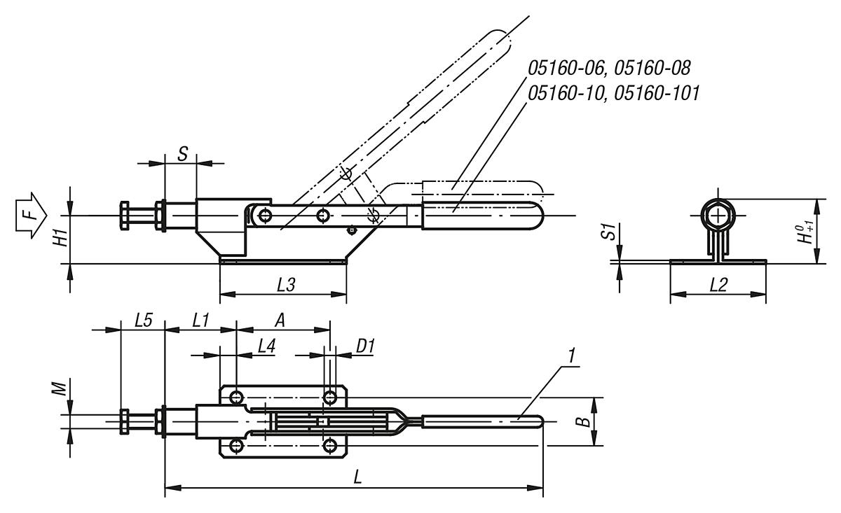 Norelem 05160-10 SCHNELLSPANNER HORIZONTAL, MIT SCHUBSTANGE, D=M10, H1=35 - NLM 05160 Schnellspanner horizontal  mit Schubstange - Massblatt