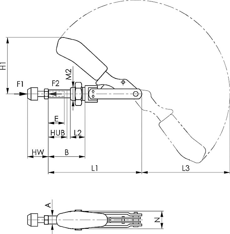 AMF 6840-0 Schubstangenspanner mit rotem Handgriff, Größe : 0, F1: 0,8 kN, F2: 0,8 kN - LE 6840 Schubstangenspanner -Skizze