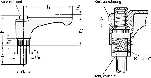 Ganter 600-30-M5-10-DBL Flache verstellbare Klemmhebel mit Ausrastknopf, Kunststoff, Schraube Stahl - GN 600 Flache verstellbare Klemmhebel mit Ausrastknopf - Kunststoff - Schraube Stahl-Skizze