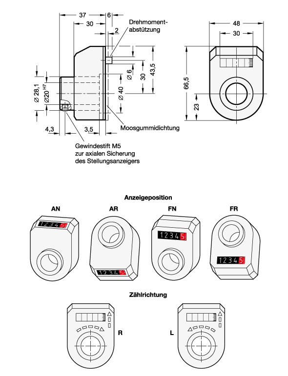 Ganter 953.2-00.005-AN-L-GR  Stellungsanzeiger, Hohlwelle Edelstahl, 5-stellig, digitale Anzeige, mechanisches Zählwerk, Zählwerk (mit drei Dezimalstellen): 00.005, Anzeigeposition: AN - schräg, oben, Form: L - Zahlenwert steigend bei Linksdrehung - GN 953-2 Stellungsanzeiger-Hohlwelle Edelstahl-5 stellig-digitale Anzeige-mechanisch-Massblatt