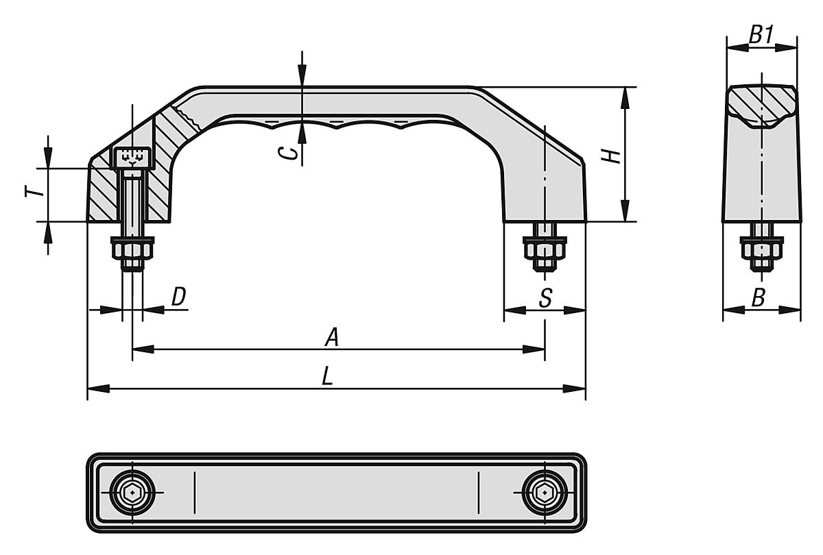 Norelem 06916-180082 BÜGELGRIFF, A=180, M10X40, FÜR NASSBEREICH - Buegelgriffe in massiver Thermoplast Ausfuehrung - Massblatt