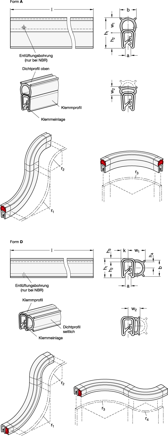 Ganter 2190-MVQ-13-D-20  Kantenschutz-Dichtprofile, FDA-konform, h1 (Form D): 13, Länge l (in Meter): 20, Form: D - Dichtprofil seitlich - GN 2190 Kantenschutz-Dichtprofile - FDA-konform - Massblatt