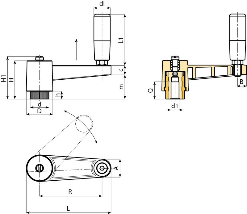 Leschhorn E520 Handkurbeln  L 108; R 80; Bohrung d1 D12; Kunststoff PA, schwarz, Gewindebuchse Messing - LE E520 Handkurbeln - Kunststoff-EcoLine-Massblatt
