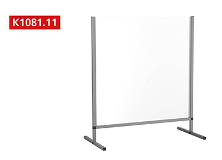 Kipp K1081.11 HYGIENEschutz, Tischaufsteller freistehend, Höhe komplett 1025mm, Höhe Durchsreiche 145mm, Breite 900mm, Länge Fuß 530, Vierkantprofil, Rahmen oben offen, Acrylglas 850 x 850 mm, Stärke 4 mm - K1081-11 HYGIENEschutz - Tischaufsteller freistehend