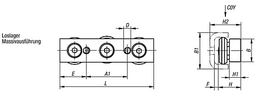 Norelem 21320-320060 ROLLENFÜHRUNGSWAGEN, LOSLAGER IN MASSIVAUSFÜHRUNG - Norelem 21320-LM Loslager Massivausfuehrung