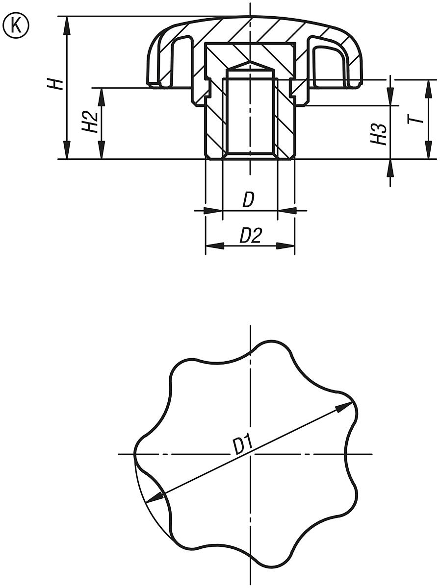 Norelem 06210-205 Sterngriff Sterngriff, Thermoplast, schwarz - NLM 06210-K Sterngriffe mit vorstehender Stahlbuchse Form K - Massblatt
