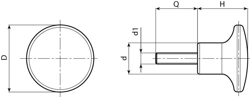 Leschhorn I119 Pilzgriffe  D 45; d 21; Gewinde d1 M10; Kunststoff PA, schwarz, - Boteco I119 Pilzgriffe