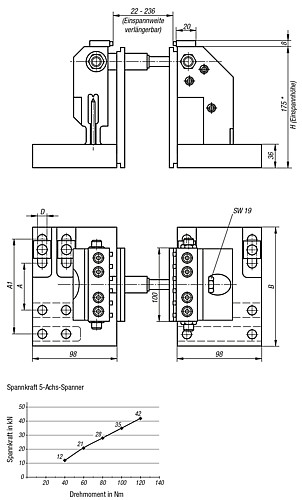 Kipp K0940.063175 5 ACHS SPANNER FÜR T NUTEN (NUTENABSTAND 63 126) - KIPP K0940 5 Achs Spanner fuer T Nuten