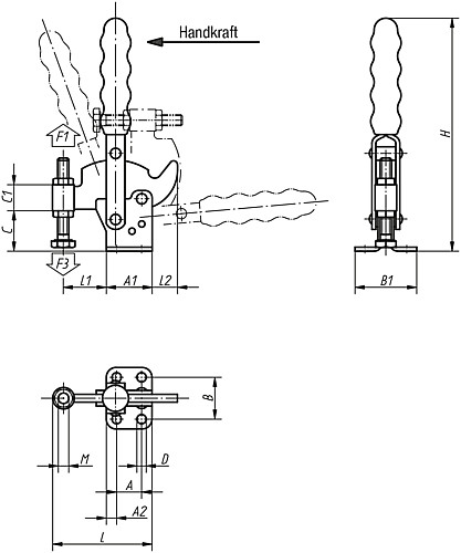 Kipp K0065.0075 KURVENSCHNELLSPANNER VERTIKAL, MIT WAAGRECHTEM FUSS, P=75 da - KIPP K0065 Kurvenschnellspanner vertikal mit waag