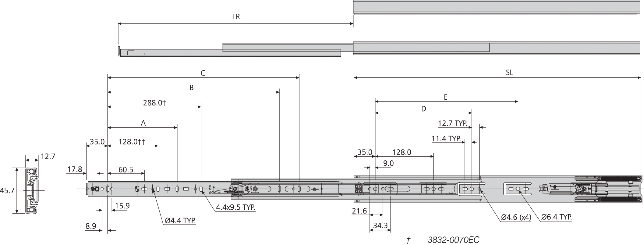 Accuride DB3832-0015 Teleskopschienen 100% Vollauszug, 12,7x45,7, SL 148,TR 140, 39kg, schwarz verzinkt - 3832 EC Accuride Teleskopschiene technische Zeichn