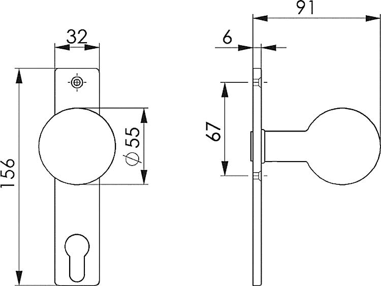 AMF 437Z Türknopf, gerade, drehbar: -, fest: Ja, Kurzschild: 32 x 156 x 6 mm - LE 437 Tuerknopf - gerade -Skizze