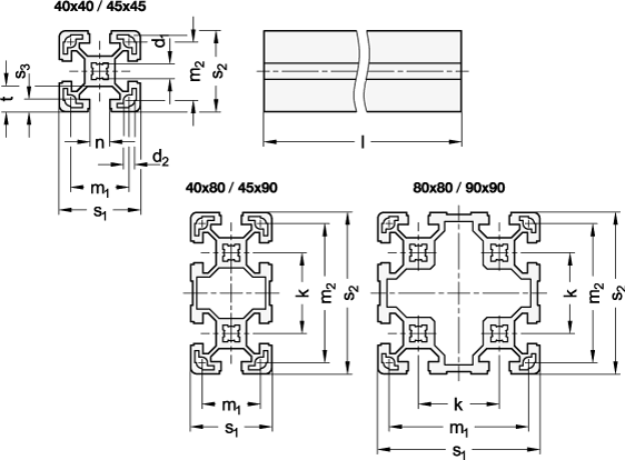 Ganter 10B-404010L-N-2-4  Aluprofile, b-Baukasten, mit allseitig offenen Nuten, Profiltyp leicht, Profilbreite s1: 40, Profilhöhe s2: 40, Nutbreite n: 10 - GN 10b Aluprofile - b-Baukasten - mit allseitig offenen Nuten - Profiltyp leicht - Massblatt