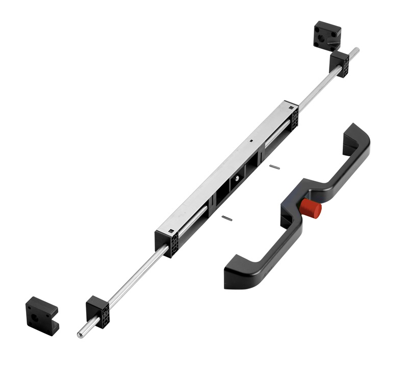 Accuride DBHAND-2 Verriegelungshebel mit Einhalterungsmechanismus 1x Hebel und Druckknopf gelb, 2x Stütz- Verriegelungsblöcke, Stifte, Knopfdruck-Kraft: 120N - Accuride DRHAND-DRHANL Externe Verriegelungseinheit - Druckknopf rot