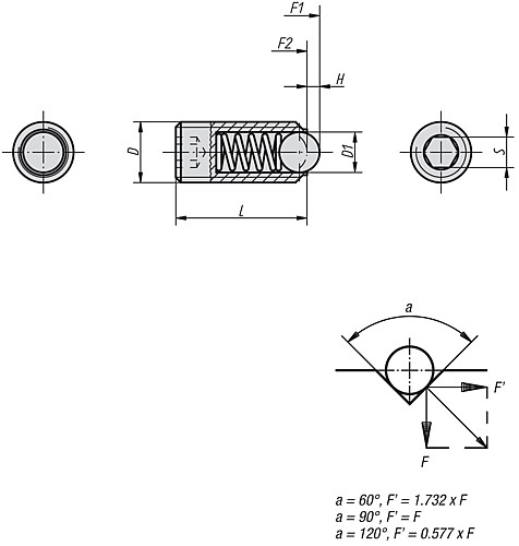 Kipp K0316.16  EDELSTAHL FEDERNDES DRUCKSTÜCK  M16, Innensechskant und Kugel - KIPP K0316 Federnde Druckstuecke mit Innensechskant
