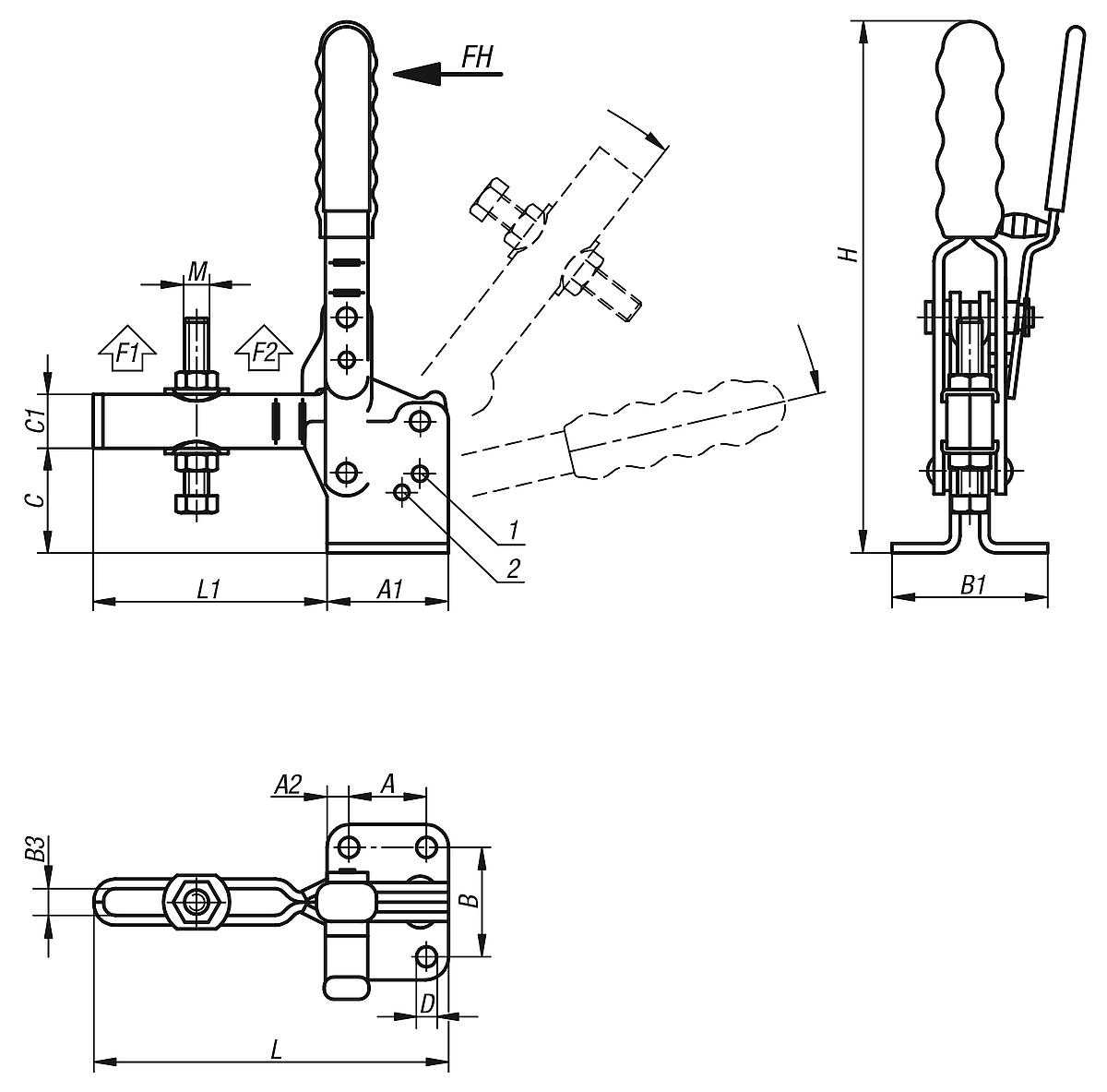 Kipp K0059.0350 SCHNELLSPANNER VERTIK. M.SICHERUNG, MIT WAAGRECHTEM FUSS, P= - K0059 Schnellspanner vertikal-Sicherheitsverriegelung-waagrechtem Fuss-Andruckspindel-Massblatt