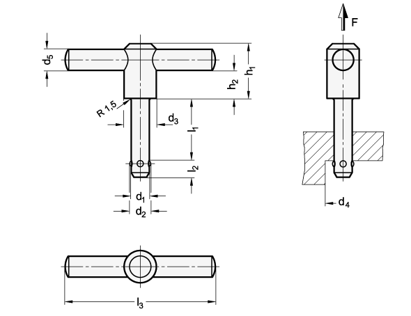 Ganter 1131-10-50-NI  Kugeltragbolzen, Edelstahl, selbstsichernd, mit T-Griff, Durchmesser d1: 10, Länge l1: 50, d2: 11.7 - GN 1131 Kugeltragbolzen - Edelstahl - selbstsichernd - mit T-Griff - Massblatt