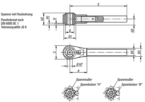 Kipp K0128.416 SPANNER GR.2  PASSBOHRUNG 16H7 - KIPP K0128-PB Spanner mit Passbohrung