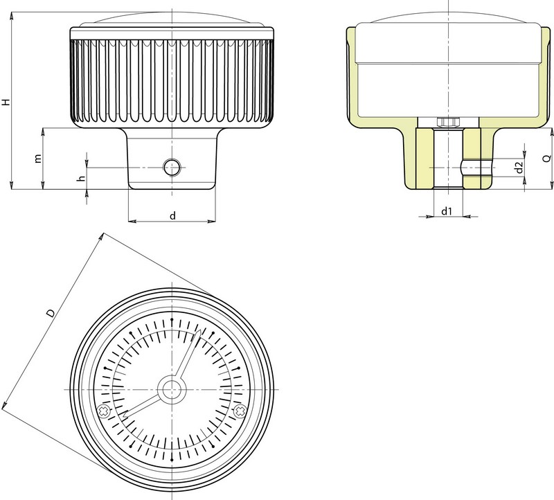 Leschhorn K150 Drehknopf  mit Positionsanzeige  D 57; Indikator 50 mm; d1 12 H7 - Boteco K150 Drehknoepfe mit Positionsanzeige