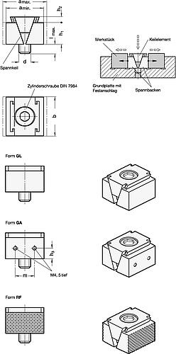Ganter 920.1-M8-32-GA KEILSPANNER, SPANNBACKEN GLATT MIT AUFSATZBACKEN - GN 920-1 Keilspanner - Stahl-Skizze