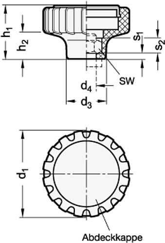 Ganter 7336-34 Rändelgriffe, Kunststoff, ohne Gewindeeinsatz - GN 7336 Raendelgriffe - Kunststoff - ohne Gewindeeinsatz-Skizze