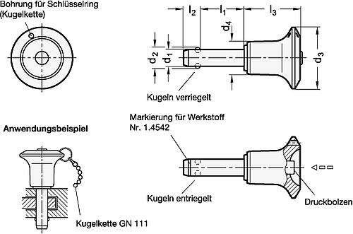 Ganter 113.10-10-35 Edelstahl Kugelsperrbolzen, Bolzen Werkstoff Nr. 1.4542 - GN 113-10 Edelstahl Kugelsperrbolzen - Bolzen Werkstoff Nr- 1-4542-Skizze