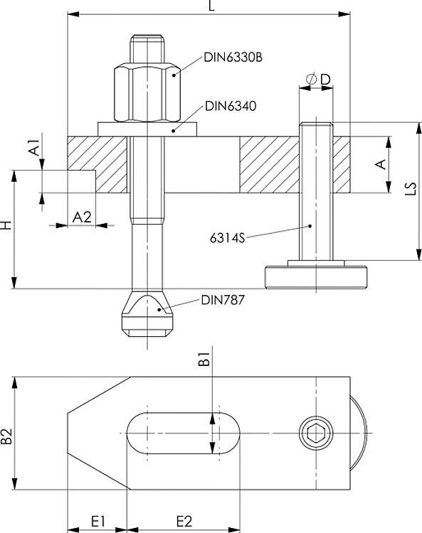AMF 6314AV-12 Spanneisen abgesetzt, mit verstellbarer Stützschraube, komplett, mit Spannschraube: M12x12x100, A1xA2: 8 x10,0, Nut: 12 - LE 6314AV Spanneisen - abgesetzt - mit verstellbarer Stuetzschraube komplett-Skizze