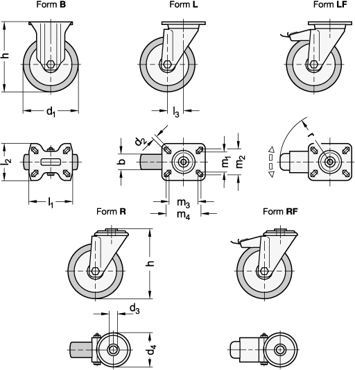 Ganter 22884-100-G-B-L-NI  Transportrollen, Laufbelag Polyurethan, Radkörper Polyamid, leichte Ausführung, Raddurchmesser: 100, Lagerart: G - Gleitlager, Form (Gehäuse): B - Bockrolle - GN 22884 Transportrollen-Laufbelag Polyurethan-Radkoerper Polyamid-leichte Ausfuehrung-Massblatt