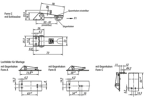 Kipp K0046.3420721 SPANNVERSCHLUSS EINSTELLBAR, FORM C, STAHL - KIPP K0046-SVC Spannverschluesse einstellbar Anschr
