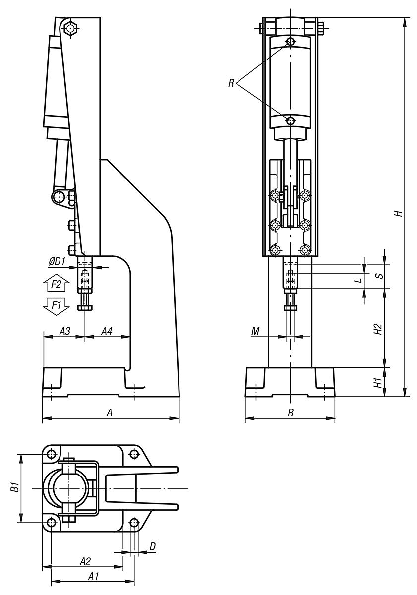 Kipp K0096.2500 KNIEHEBELPRESSE FORM A, PNEUMATIKAUSFÜHRUNG, P=2500 daN - K0096 Kniehebelpressen Pneumatikausfuehrung - Massblatt