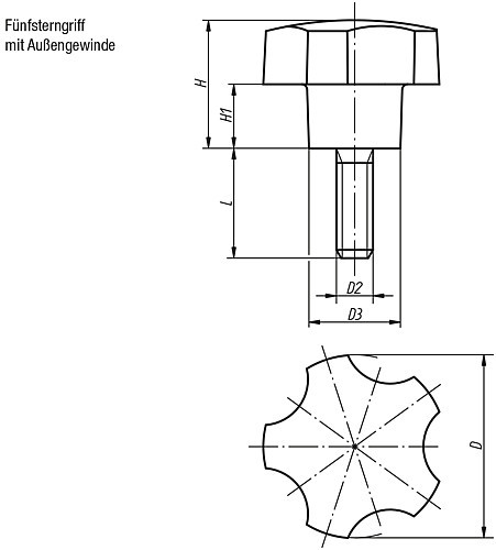 Norelem 06850-4008X16 FÜNFSTERNGRIFF D=40  M8X16 - Norelem 06850-AG Fuenfsterngriffe mit Aussengewinde