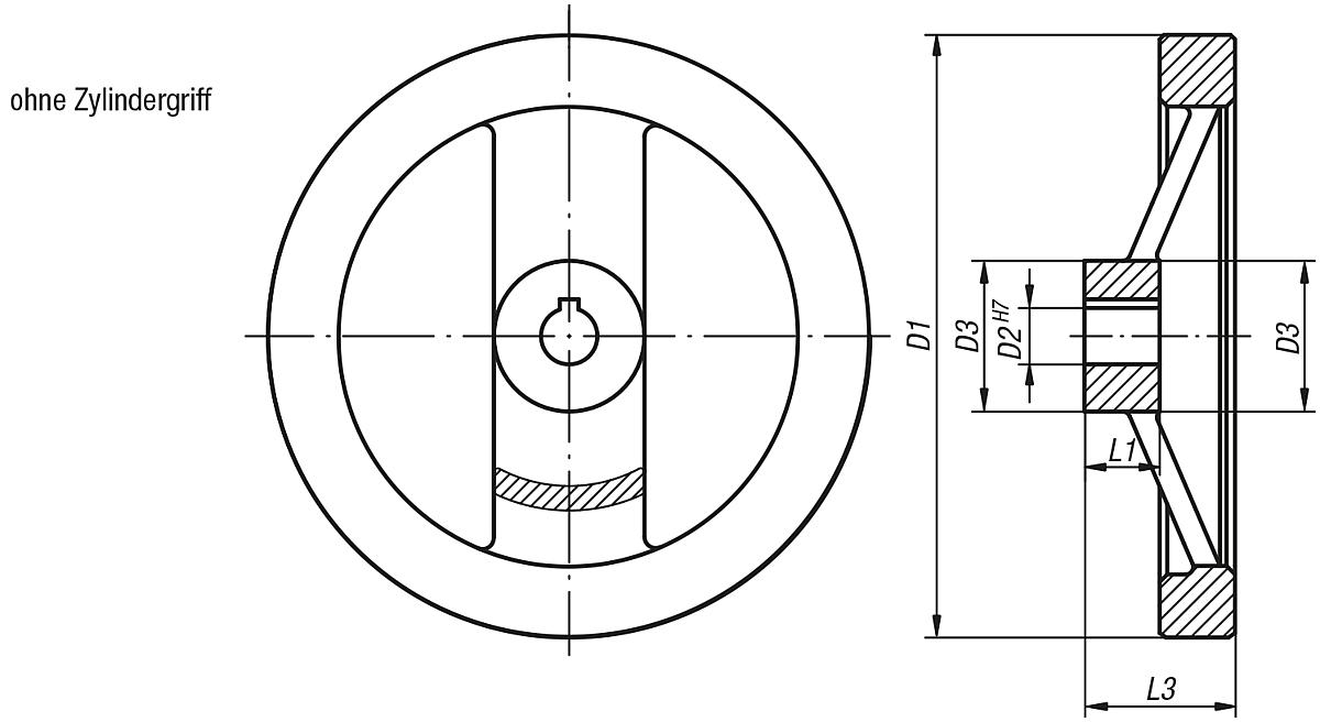 Norelem 06277-1160X14 2 SPEICHENHANDRAD ALU, O.GR.M.NUT, D1=160, D2=14 - NLM 06277-OG 2 Speichenhandraeder Aluminium - gerader Radkranz - ohne Zylindergriff - Massblatt