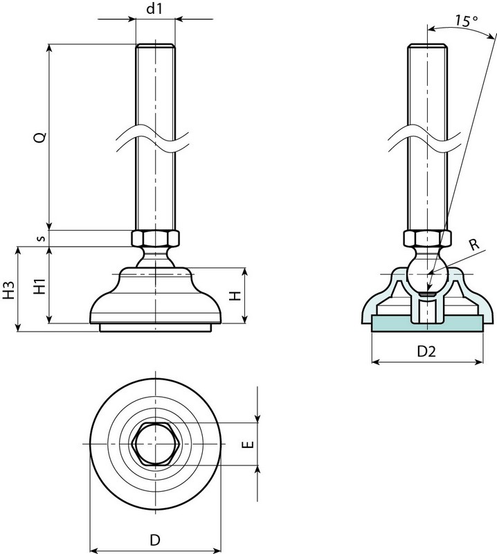 Leschhorn P901 P901 Gelenkfüße  D 50; R 12,5; Gewinde d1 M12; Kunststoff PA, schwarz, Schafttyp A - Boteco P901 Gelenkfuesse