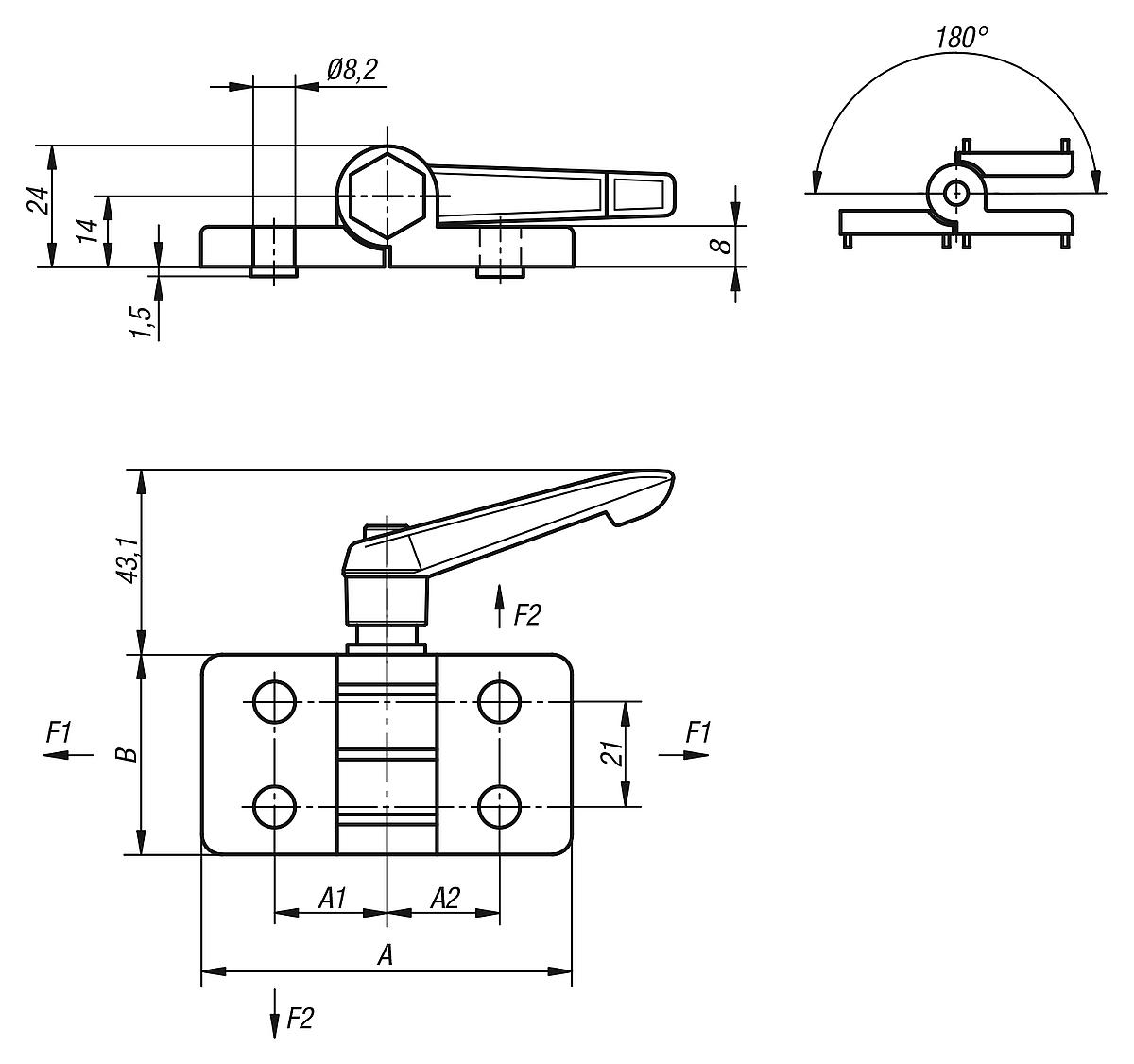 Kipp K0442.40232500 SCHARNIER AUS ZINKDRUCKGUSS, MIT KLEMMFUNKTION - K0442 Scharniere aus Zinkdruckguss - mit Klemmfunktion - Massblatt