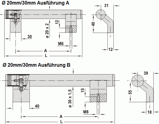 Leschhorn WR-20.200.37   Winkel-Rohrgriffe Ø 20,  A 200,  Schenkel schwarz / Rohr Edelstahl - Griff aus Einzelelementen, komplett montiert - Leschhorn WR Winkel-Rohrgriffe