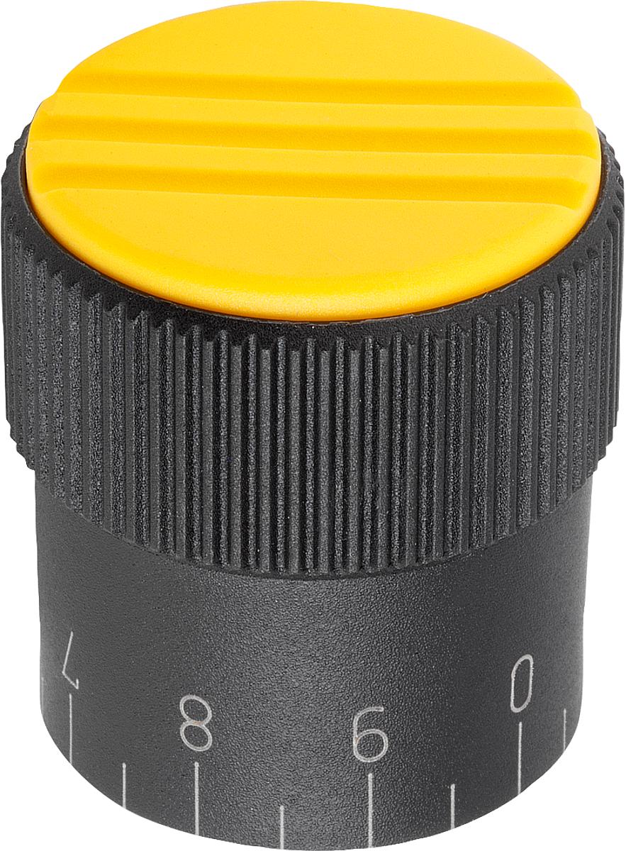 Norelem 06100-32067 NOVO.GRIP DOSIERKNOPF GR.2  D=6H8, FORM C, DECKEL RAPSGELB - 06100-32067 NOVO-GRIP DOSIERKNOPF GR-2  D 6H8 - FORM C - DECKEL RAPSGELB