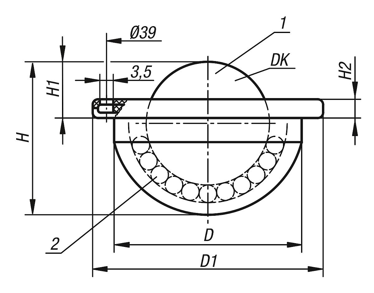 Norelem 95158-122 KUGELROLLE, FORM:B STAHL, KOMP:STAHL, D = 22 - NLM 95158 Kugelrollen mit Befestigungsbohrungen - ohne Gehaeuse - Massblatt