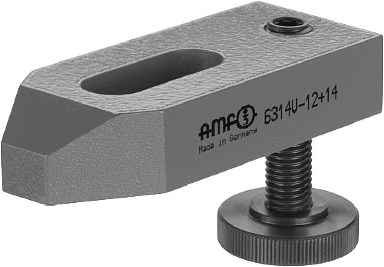 AMF 6314V-10 Spanneisen abgeschrägt, mit verstellbarer Stützschraube, für Spannschraube: M10, A: 15, D x LS: M10x39 - LE 6314V Spanneisen abgeschraegt - mit verstellbarerStuetzschraube-Abbildung